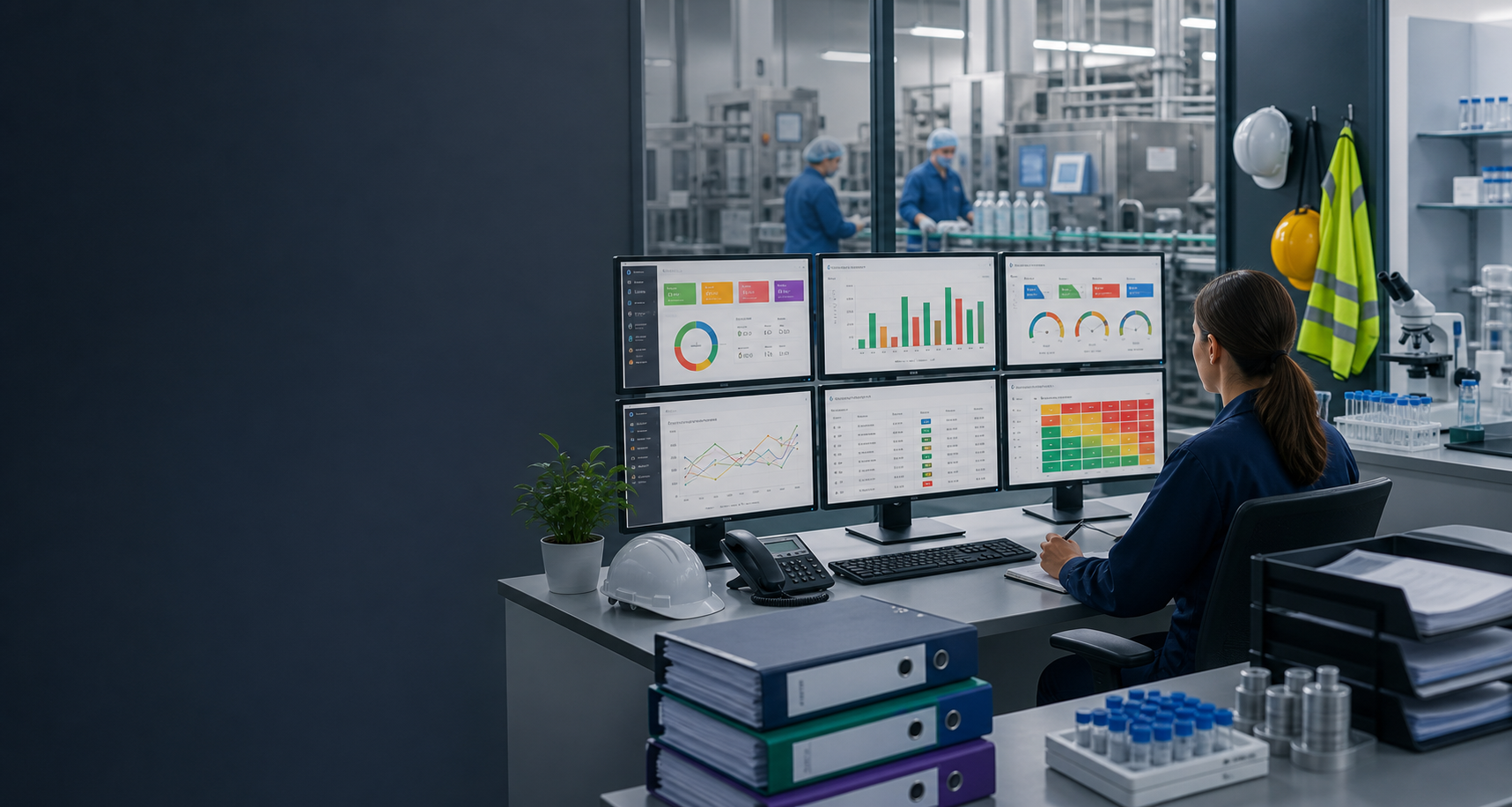 Modern manufacturing compliance workspace with dashboards and production quality controls